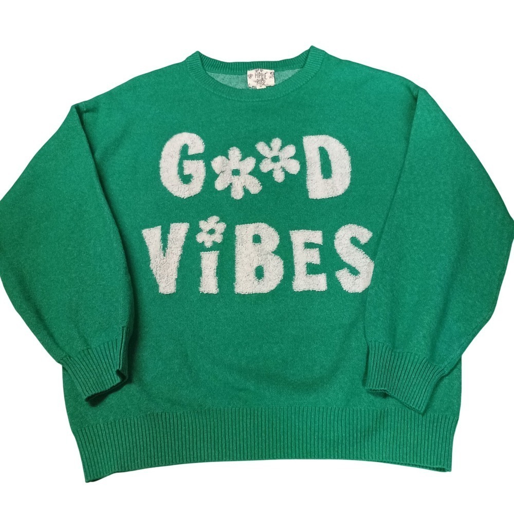 Hippie Rose Green Good Vibes Crewneck Sweater Women's Size M Indie Dopamine